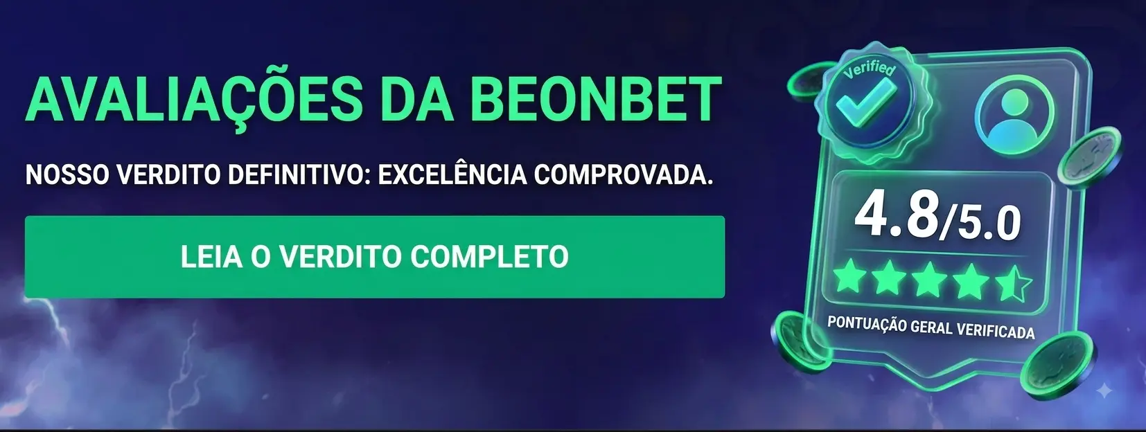 Banner sobre as avaliações da BeonBet com nota 4,8 de 5 estrelas e selo de pontuação verificada