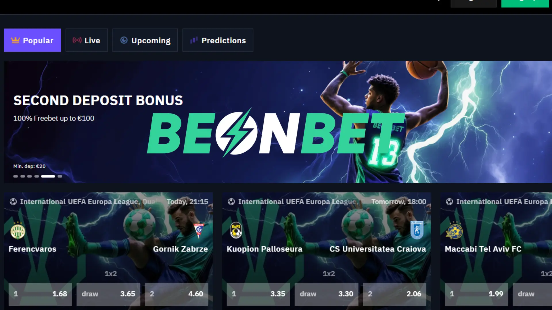 Interface da casa de apostas BeonBet com mercados desportivos, odds ao vivo e bónus de segundo depósito.