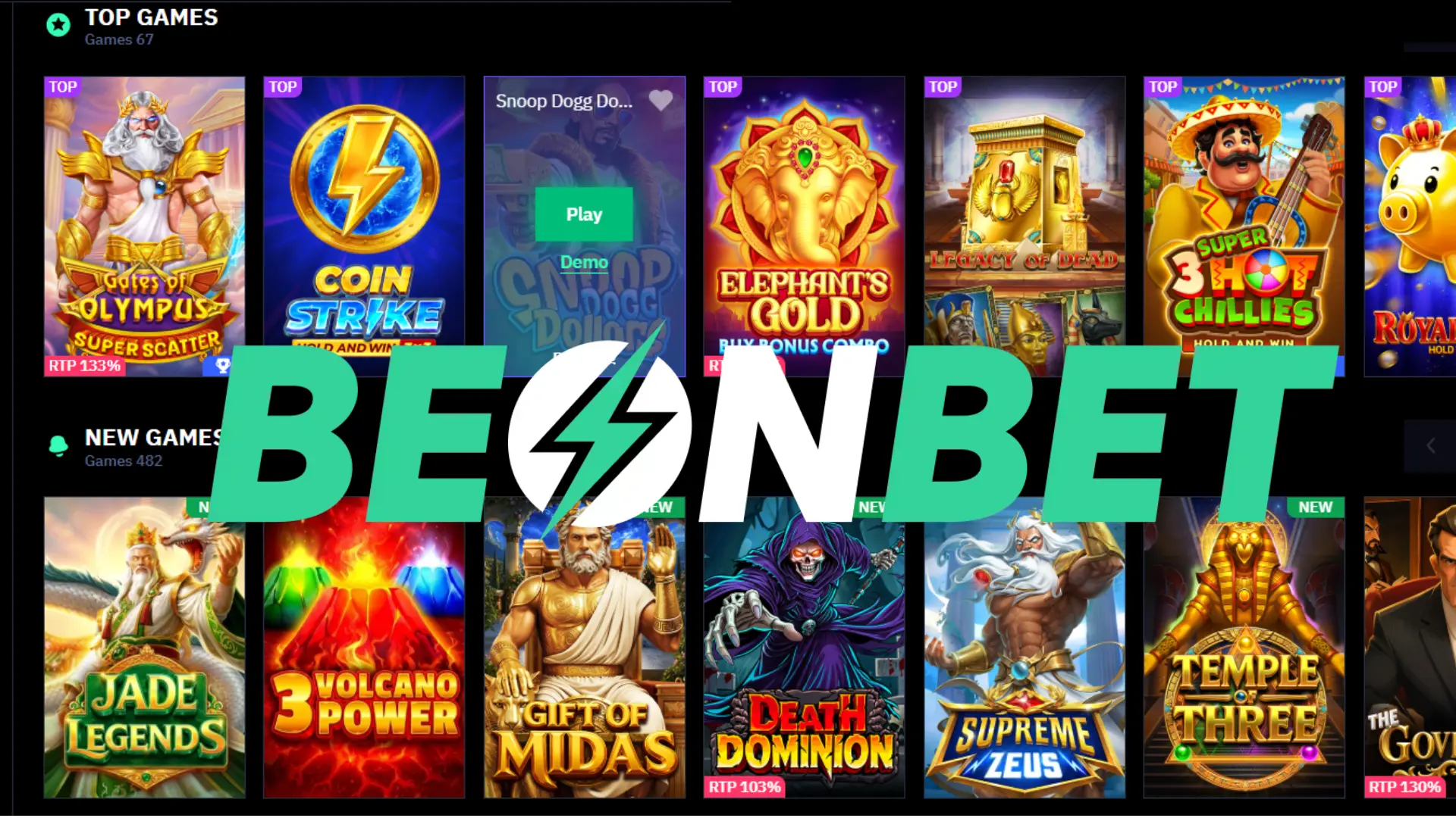 Interface da BEONBET mostrando as categorias de 'Top Games' e 'New Games' com slots.